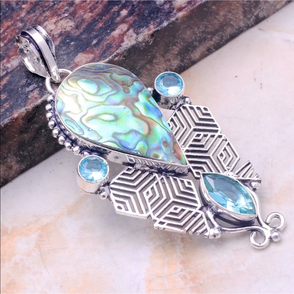 Jewelry - Large abalone and blue topaz silver pendant